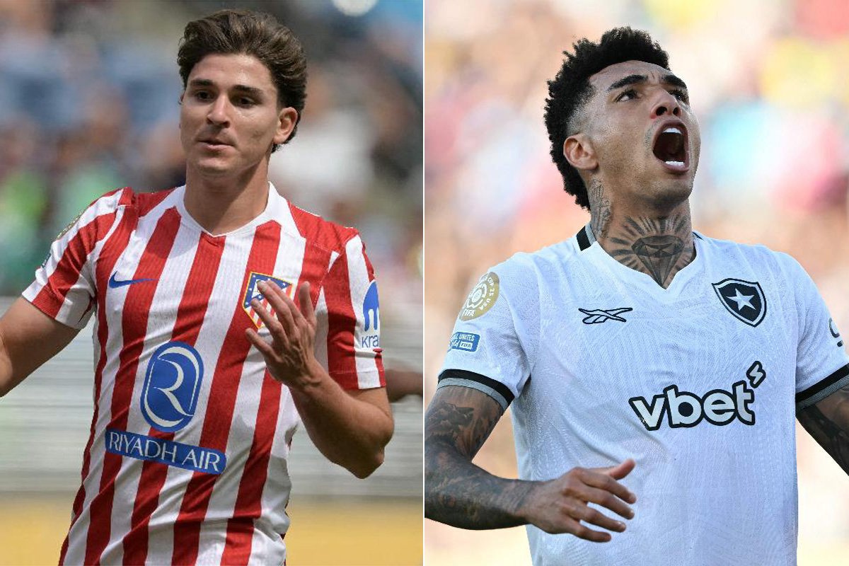 Julian Álvarez, do Atlético de Madrid, e Igor Jesus, do Botafogo (foto: JUAN MABROMATA E YURI CORTEZ / AFP)