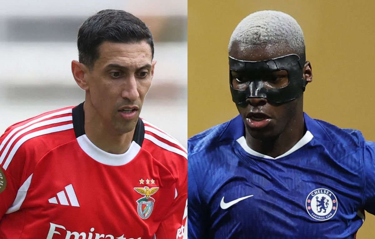Di María, do Benfica, e Moisés Caicedo, do Chelsea (foto: Alex Grimm/Getty Images/AFP)