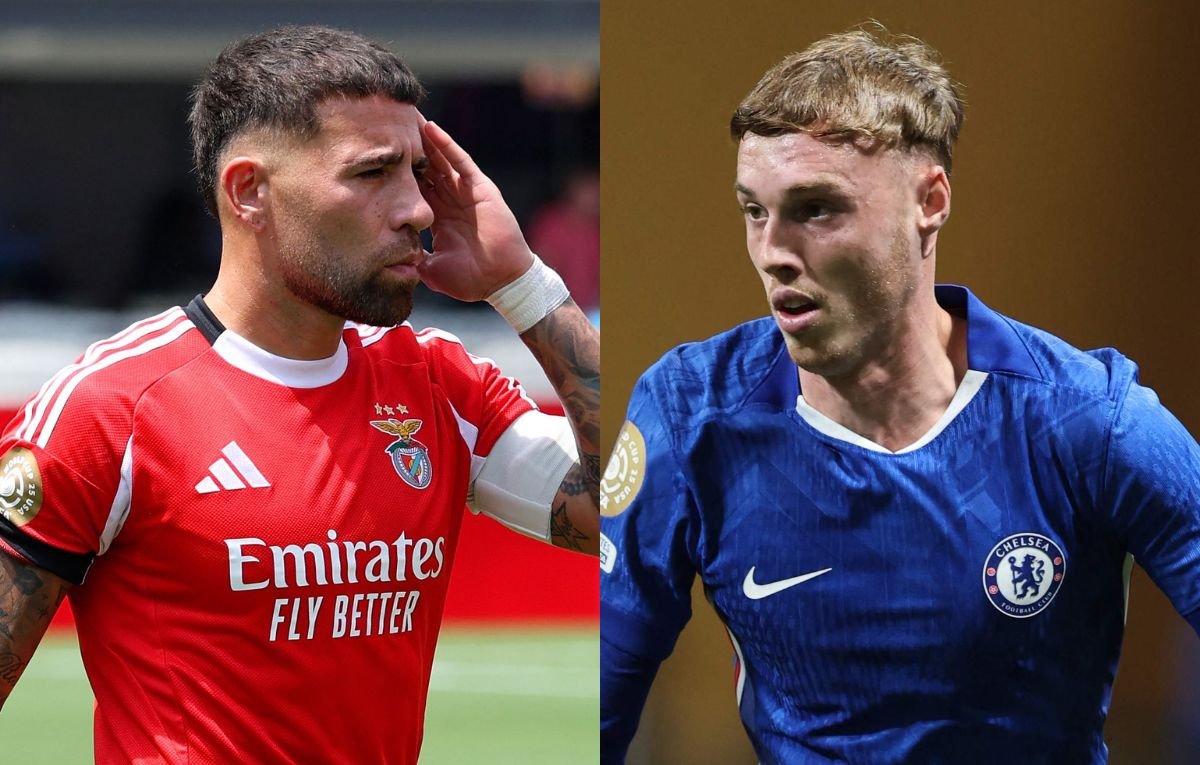 Otamendi, do Benfica, e Cole Palmer, do Chelsea (foto: Paul ELLIS / AFP e Alex Grimm/Getty Images/AFP)