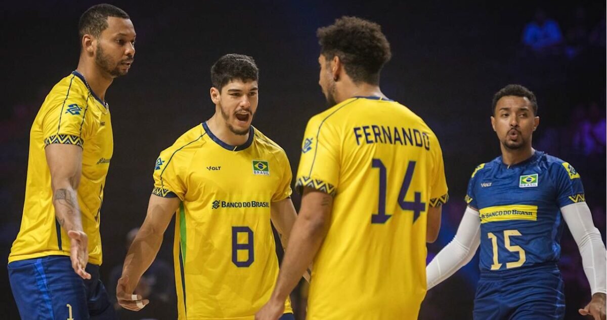 Brasil celebra ponto contra o Canadá na Liga das Nações Masculina de Vôlei (foto: Divulgação/FIVB)
