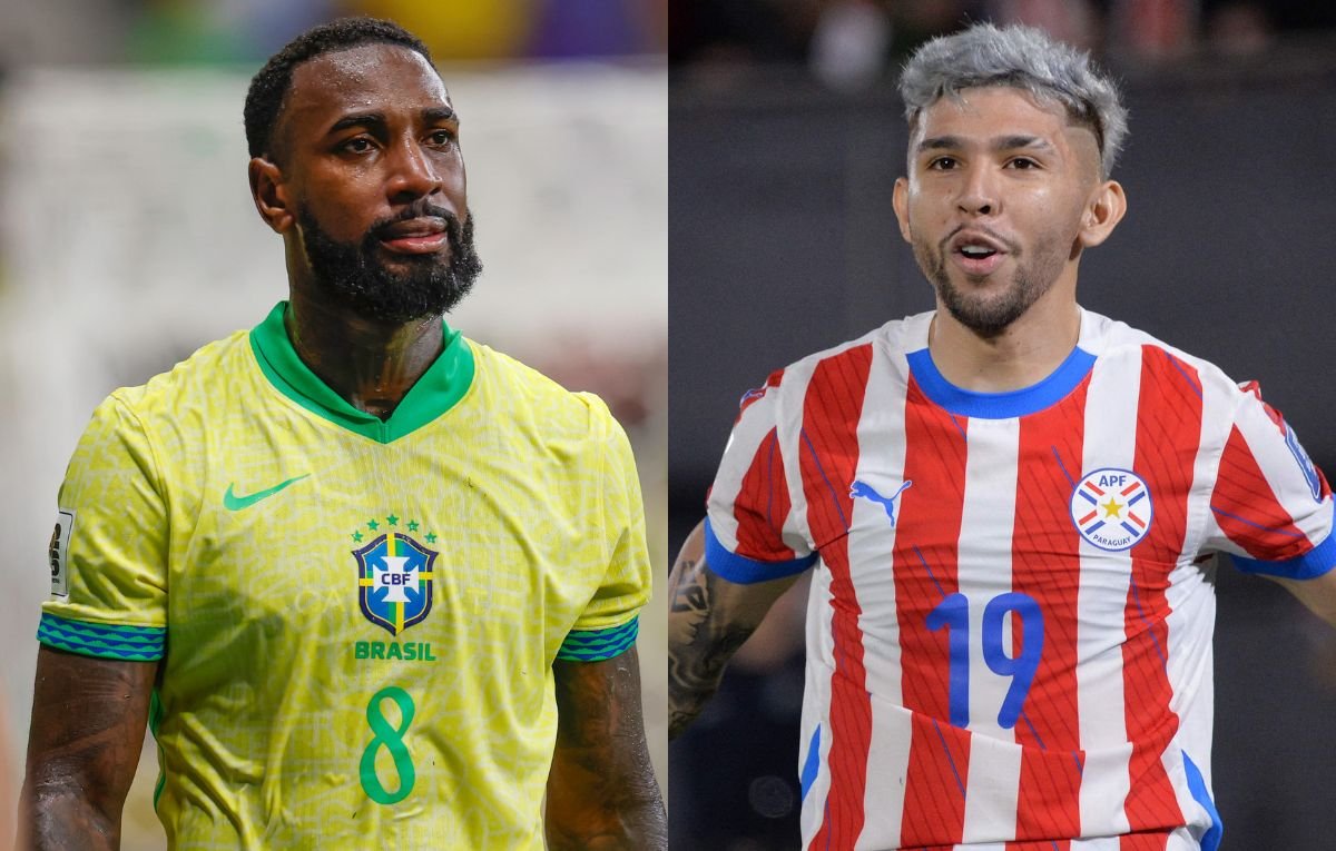 Gerson, da Seleção Brasileira, e Julio Enciso, do Paraguai (foto: @rafaelribeirorio / CBF e DANIEL DUARTE / AFP)