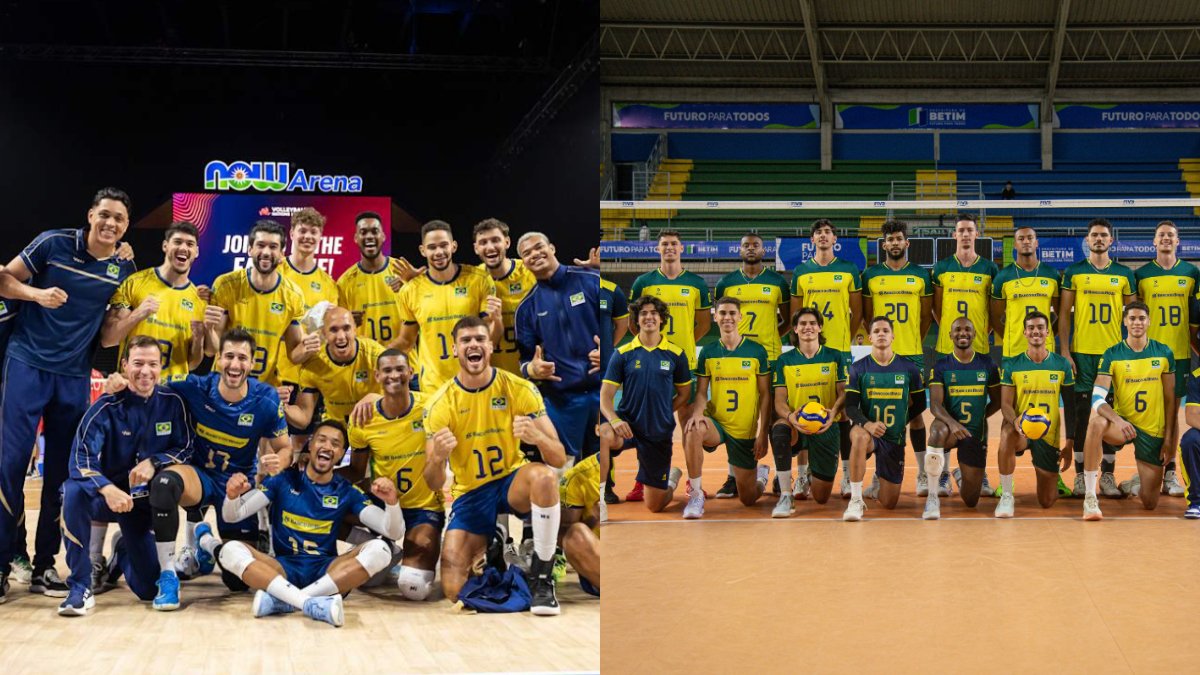 Brasil disputa VNL com uniforme novo da Volt, mas joga a Copa América com camisas antigas, feitas pela Riachuelo em 2024 (foto: Divulgação/FIVB e Gustavo Rabelo / BHFOTO)