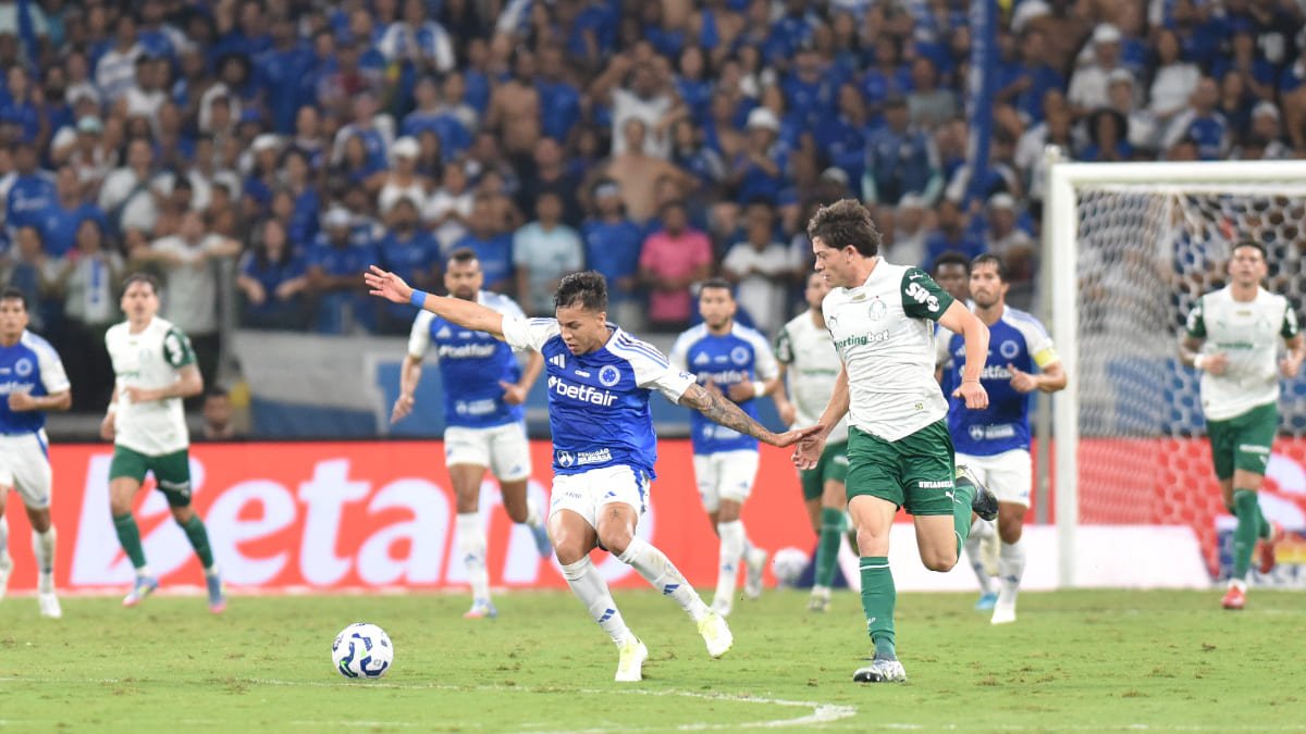 Jogadores de Cruzeiro e Palmeiras no Mineirão, em confronto pela 11ª rodada do Campeonato Brasileiro (foto: Ramon Lisboa/EM/D.A. Press)