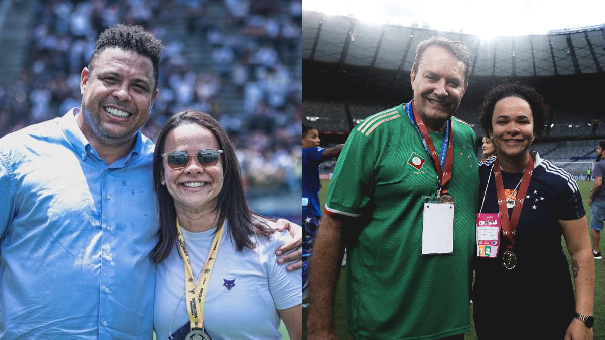 À esquerda, Bárbara Fonseca, diretora de futebol feminino do Cruzeiro, ao lado de Ronaldo Fenômeno, ex-sócio majoritário; à direita, a dirigente posa com Pedro Lourenço, atual sócio majoritário (foto: Gustavo Martins/Cruzeiro)