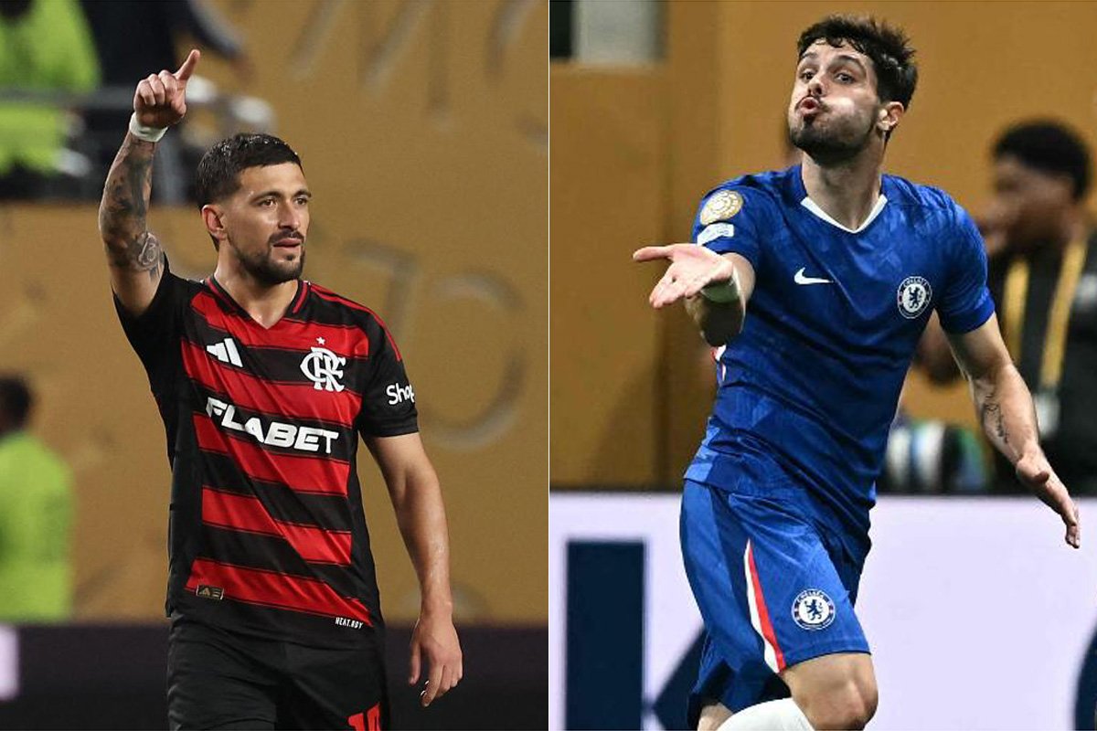 Arrascaeta, do Flamengo, e Pedro Neto, do Chelsea (foto: FRANCK FIFE E PAUL ELLIS / AFP)