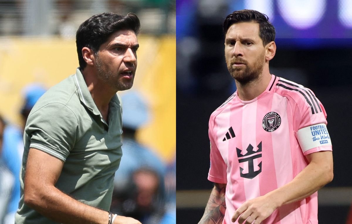 Abel Ferreira, técnico do Palmeiras, e Messi, atacante do Inter Miami (foto: Cesar Greco/Palmeiras/by Canon e ALEX GRIMM / GETTY IMAGES NORTH AMERICA / Getty Images via AFP)