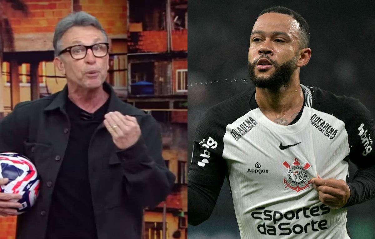 Neto, apresentador e ídolo do Corinthians, e Memphis, atual camisa 10 do Timão (foto: Reprodução/Band e NELSON ALMEIDA / AFP)