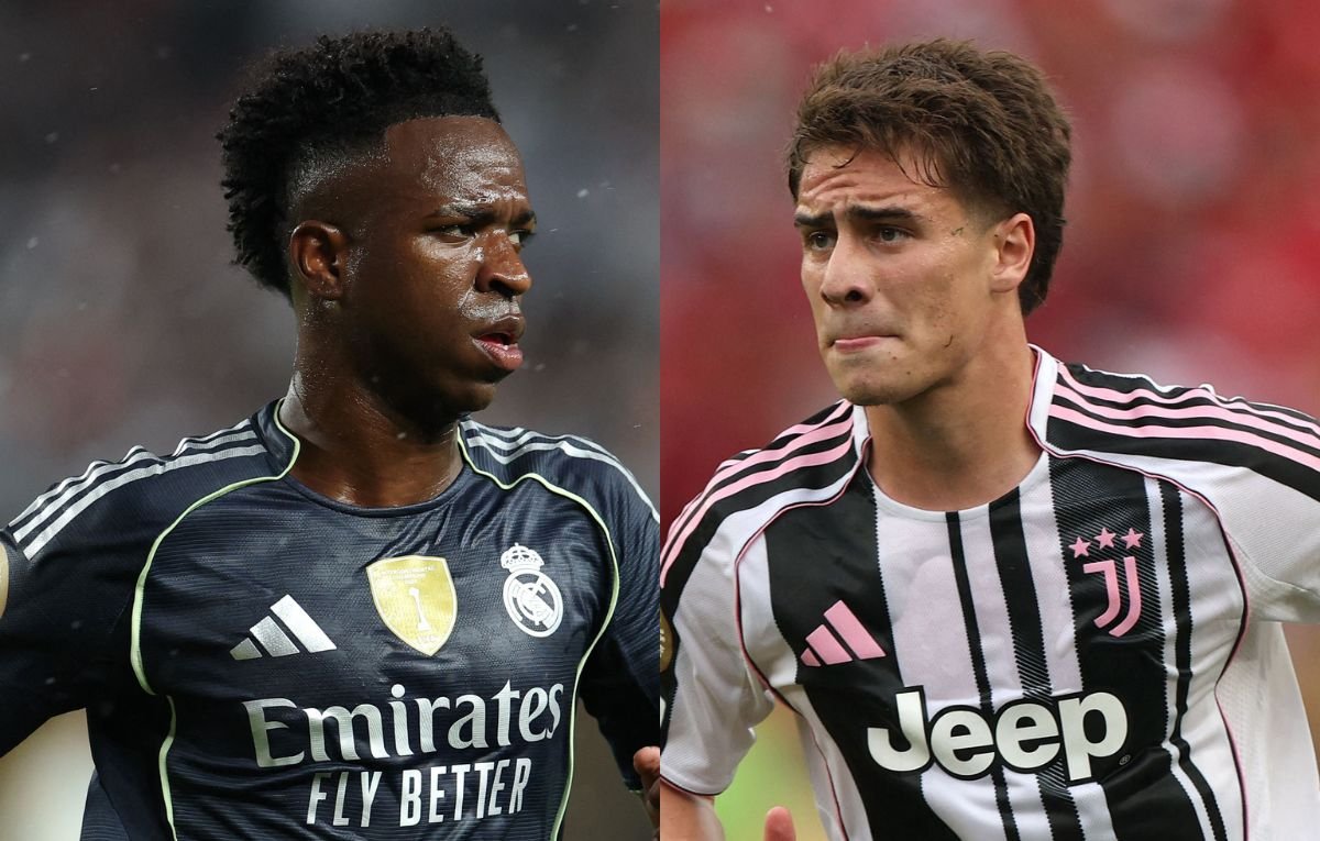 Vinicius Júnior, do Real Madrid, e Yildiz, da Juventus (foto: Francois Nel/Getty Images/AFP)