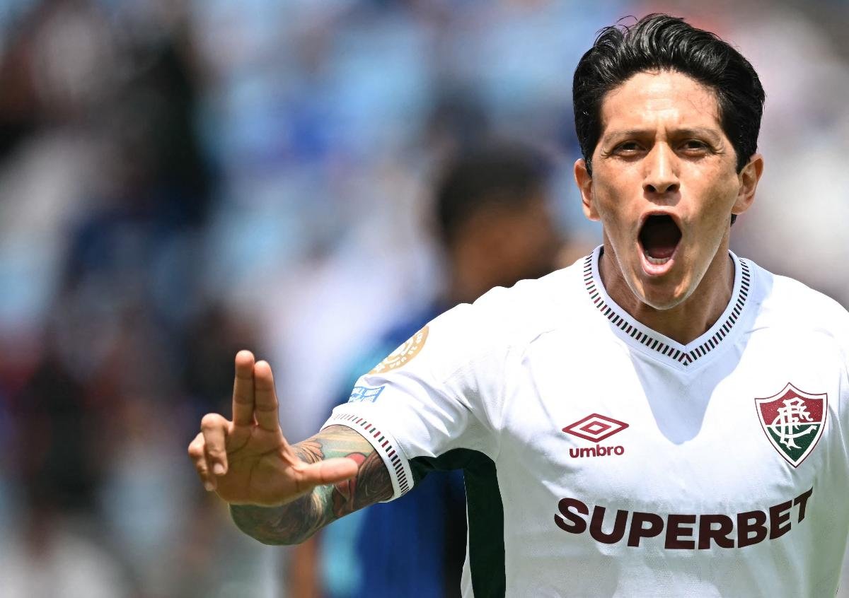 Germán Cano celebra gol pelo Fluminense contra a Inter de Milão (foto: Paul ELLIS / AFP)
