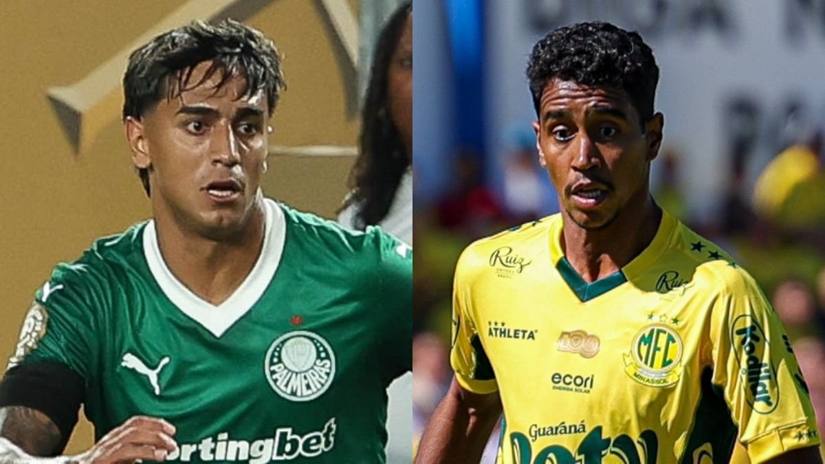 Facundo Torres, do Palmeiras, e Gabriel, do Mirassol (foto: Cesar Greco/Palmeiras e JP Pinheiro/Agência Mirassol)