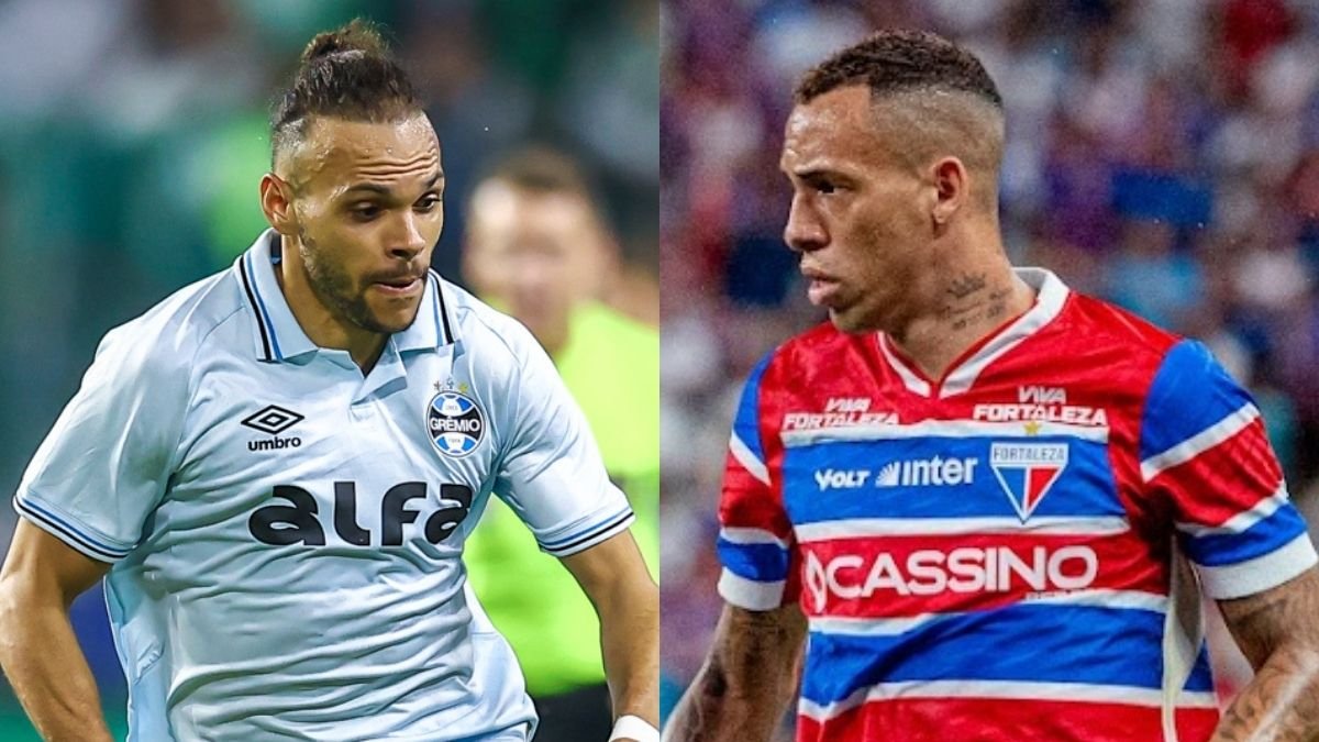 Braithwaite, do Grêmio, e Breno Lopes, do Fortaleza (foto: LUCAS UEBEL/GREMIO FBPA e Mateus Lotif/Fortaleza)