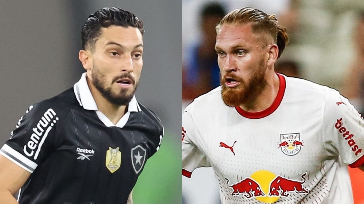 Alex Telles, do Botafogo, e Pitta, do Bragantino (foto: Vitor Silva/Botafogo. e Ari Ferreira/Red Bull Bragantino.)