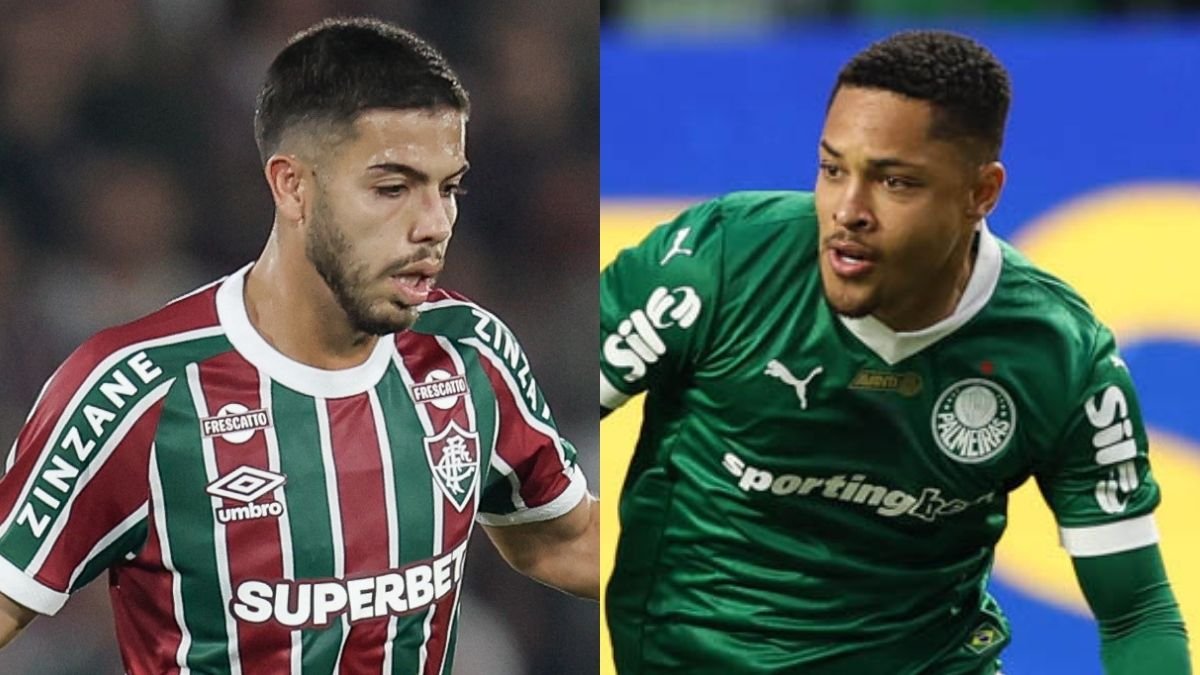 Nonato, do Fluminense, e Vitor Roque, do Palmeiras (foto: MARCELO GONÇALVES / FLUMINENSE F.C. e Cesar Greco/Palmeiras/by Canon)