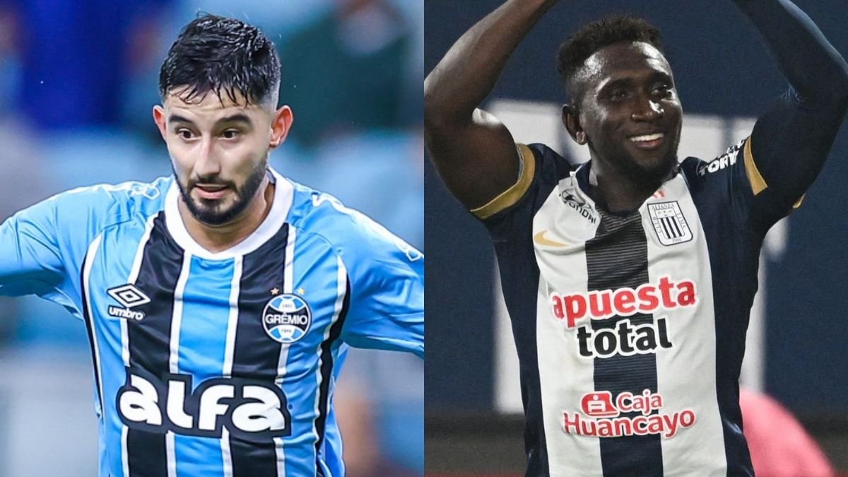 Villasanti, do Grêmio, e Eryc Castillo, do Alianza Lima (foto: LUCAS UEBEL/GREMIO FBPA e ERNESTO BENAVIDES / AFP)