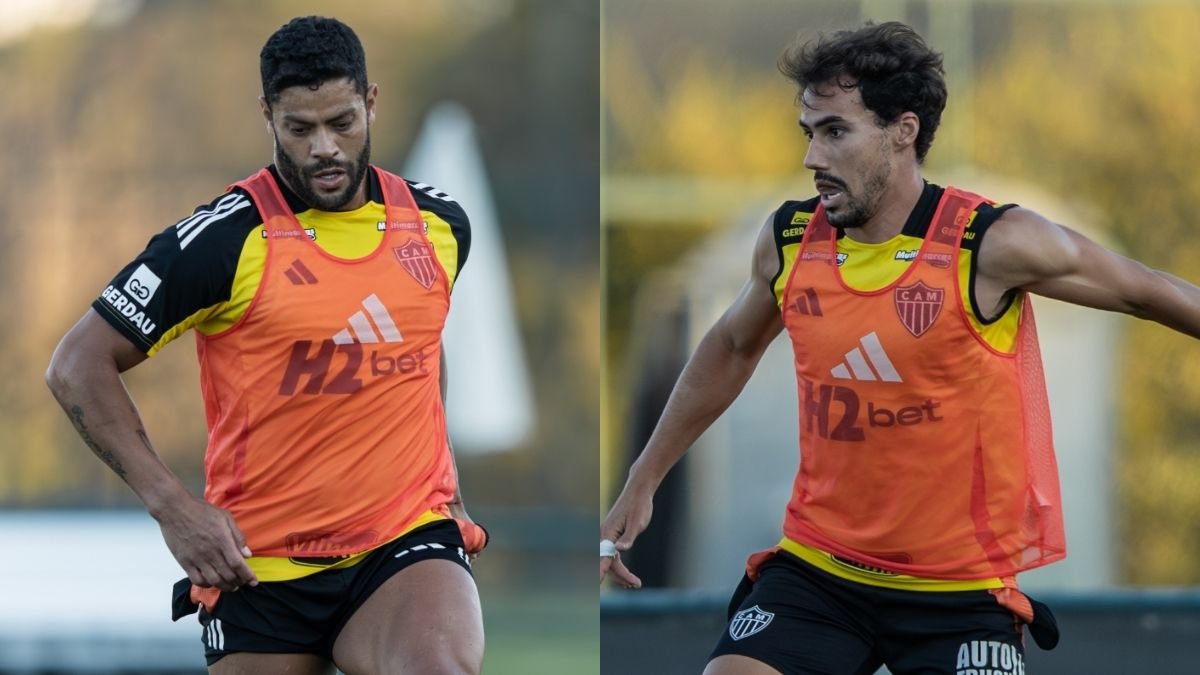 Hulk e Igor Gomes com os bolsos de fora em treino do Atlético (foto: Pedro Souza / Atlético)