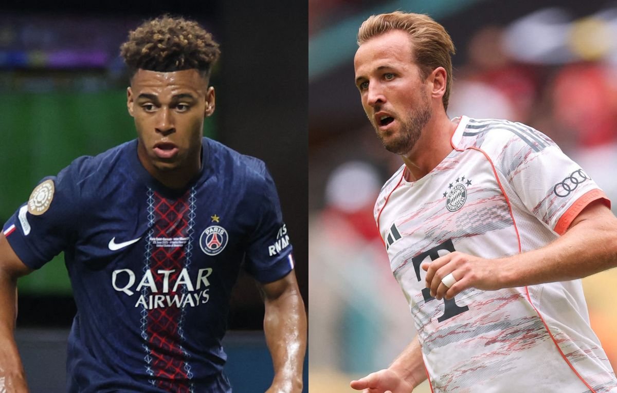 Doué, do PSG, e Harry Kane, do Bayern de Munique (foto: Alex Grimm/Getty Images/AFP e Michael Reaves/Getty Images/AFP)