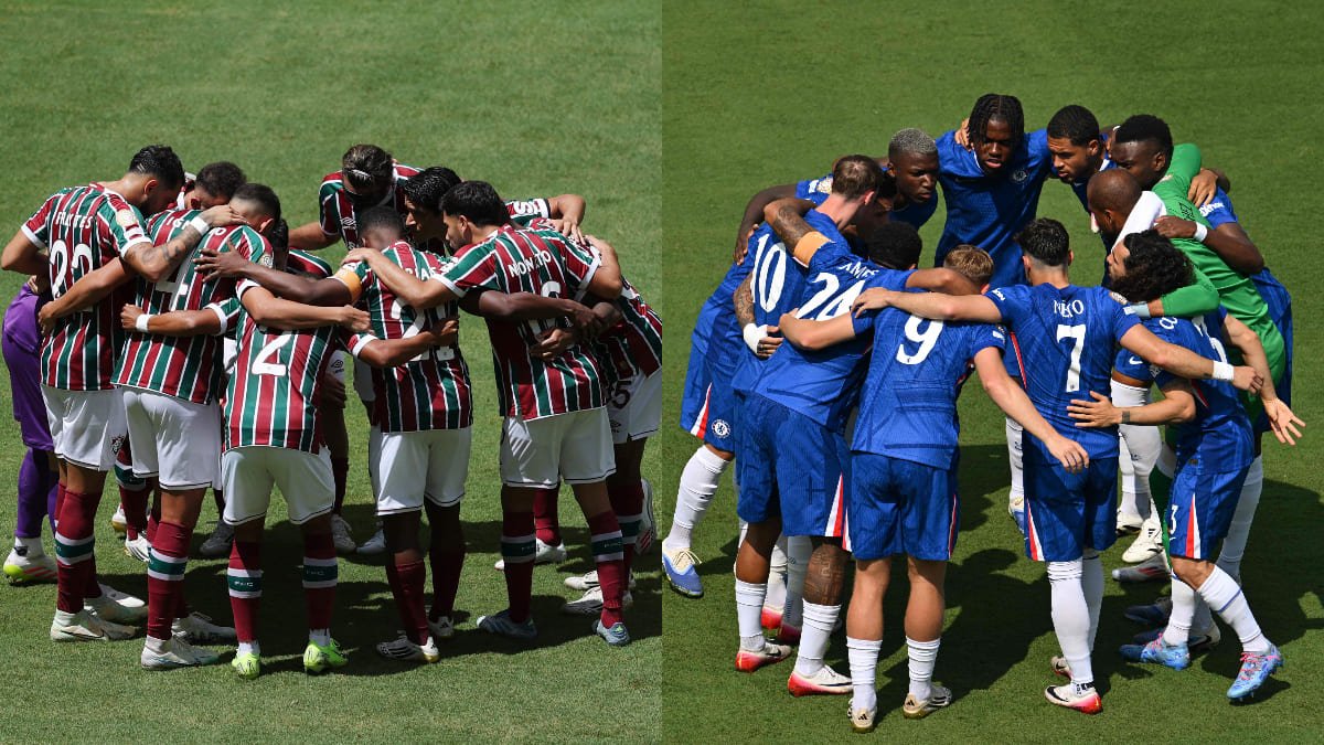 Times de Fluminense e Chelsea reunidos antes de jogos do Mundial de Clubes (foto: Dan Mullan / GETTY IMAGES NORTH AMERICA / Getty Images via AFP e ANGELA WEISS / AFP)