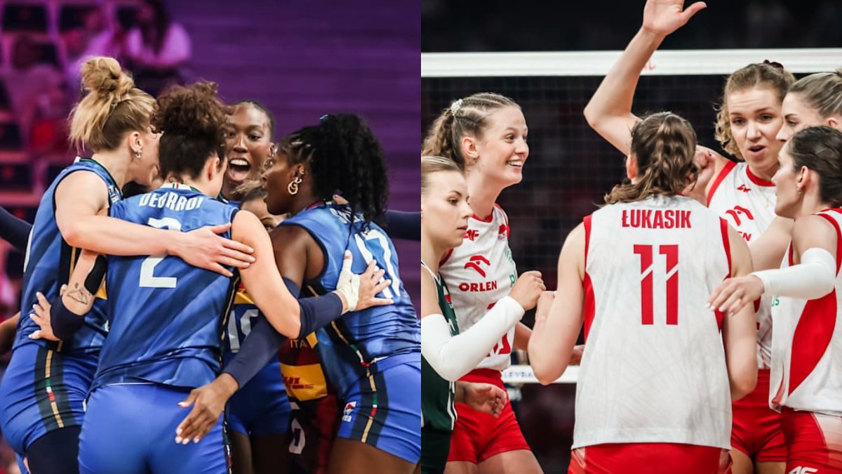Jogadoras da Itália e Polônia na VNL Feminina (foto: Divulgação FIVB)