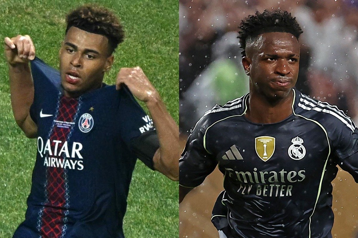 Désiré Doué, do PSG, e Vinicius Júnior, do Real Madrid (foto: ROBERTO SCHMIDT/AFP - FRANCK FIFE/AFP)