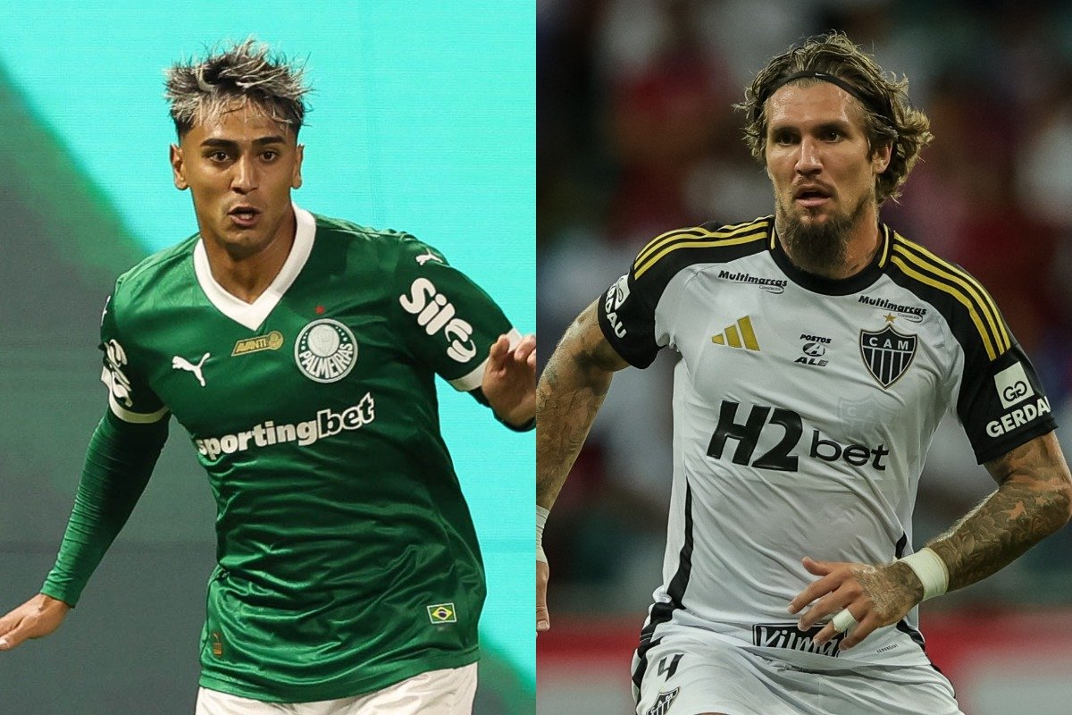 Facundo Torres, do Palmeiras, e Lyanco, do Atlético (foto: Cesar Greco/Palmeiras - Pedro Souza/Atlético)