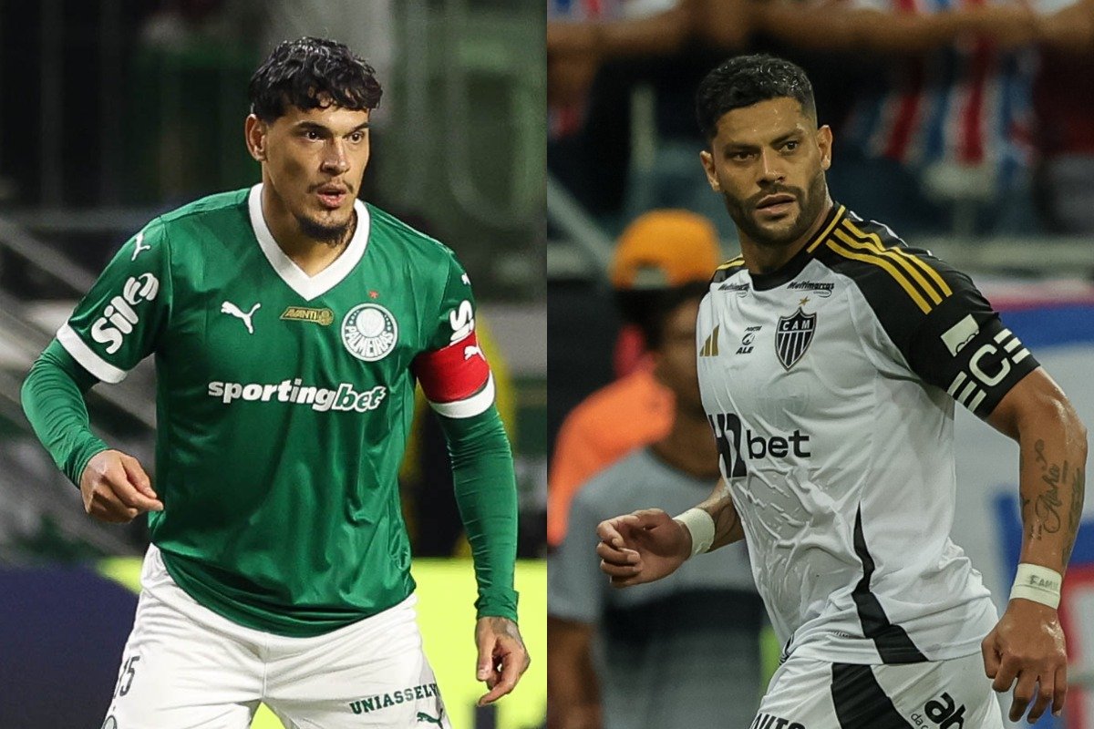 Gustavo Gómez, do Palmeiras, e Hulk, do Atlético (foto: Cesar Greco/Palmeiras - Pedro Souza/Atlético)