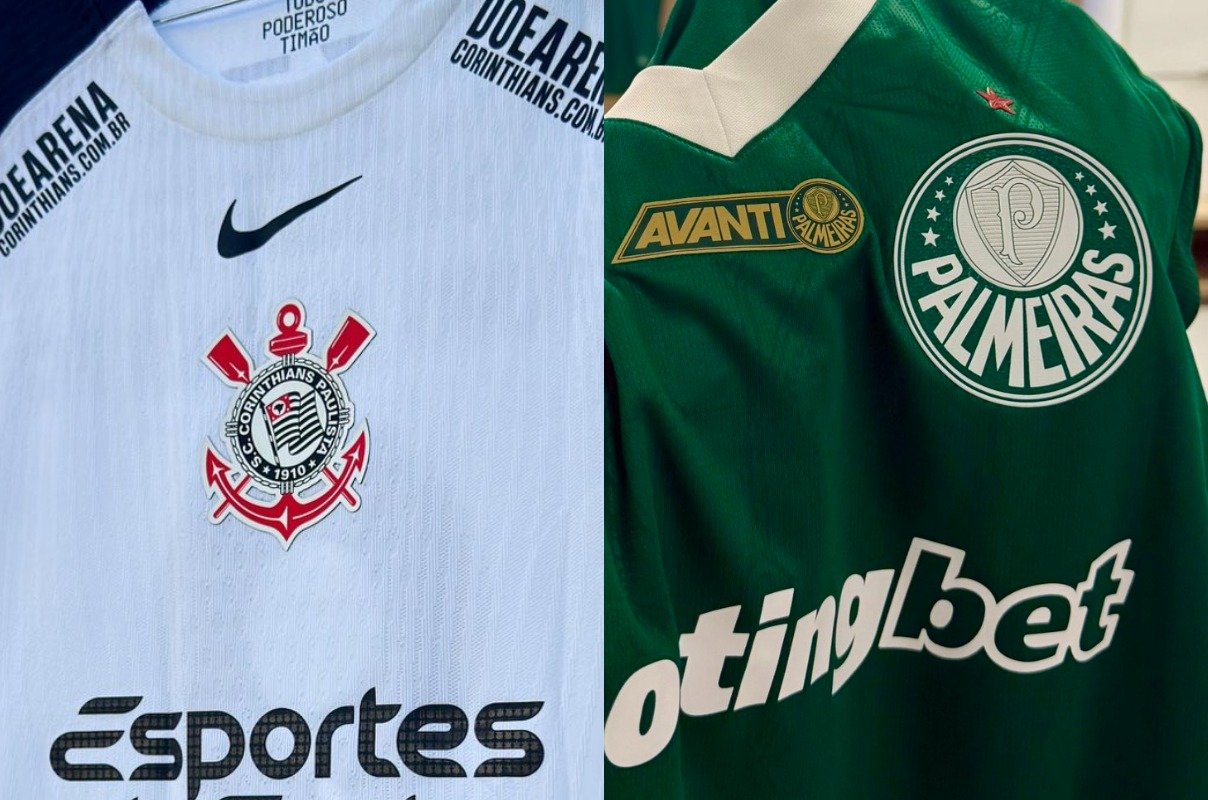 Camisas de Corinthians e Palmeiras (foto: Gustavo Vasco/Corinthians - Divulgação/Palmeiras)