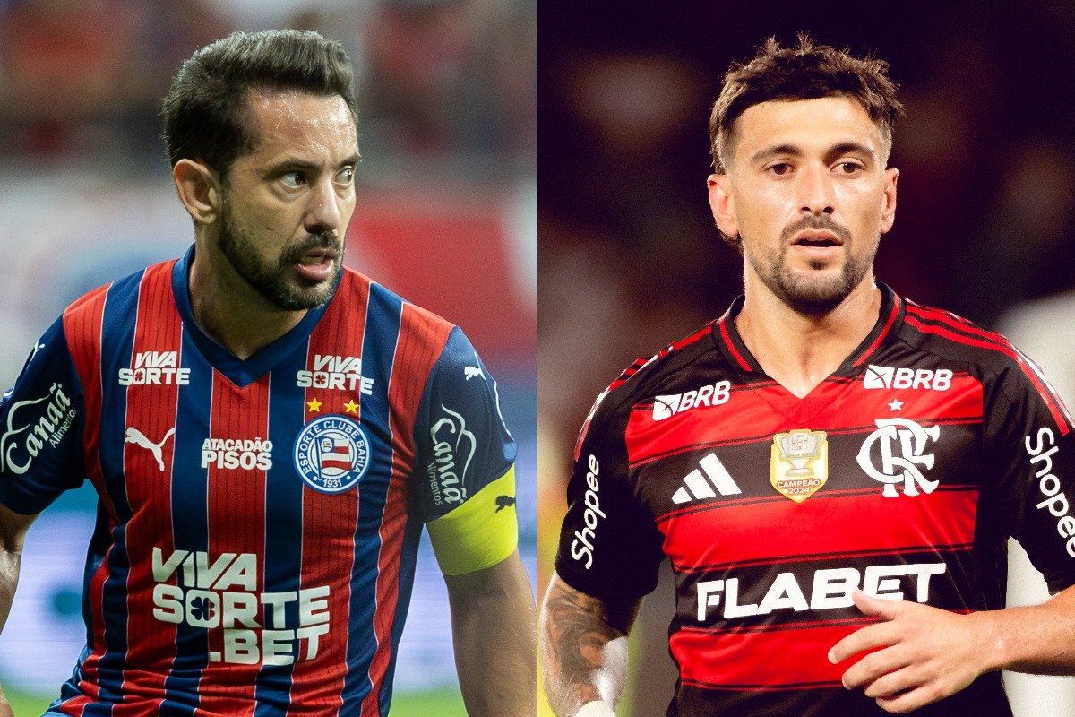 Everton Ribeiro, do Bahia, e Arrascaeta, do Flamengo (foto: Rafael Rodrigues/Bahia e Adriano Fontes/Flamengo)