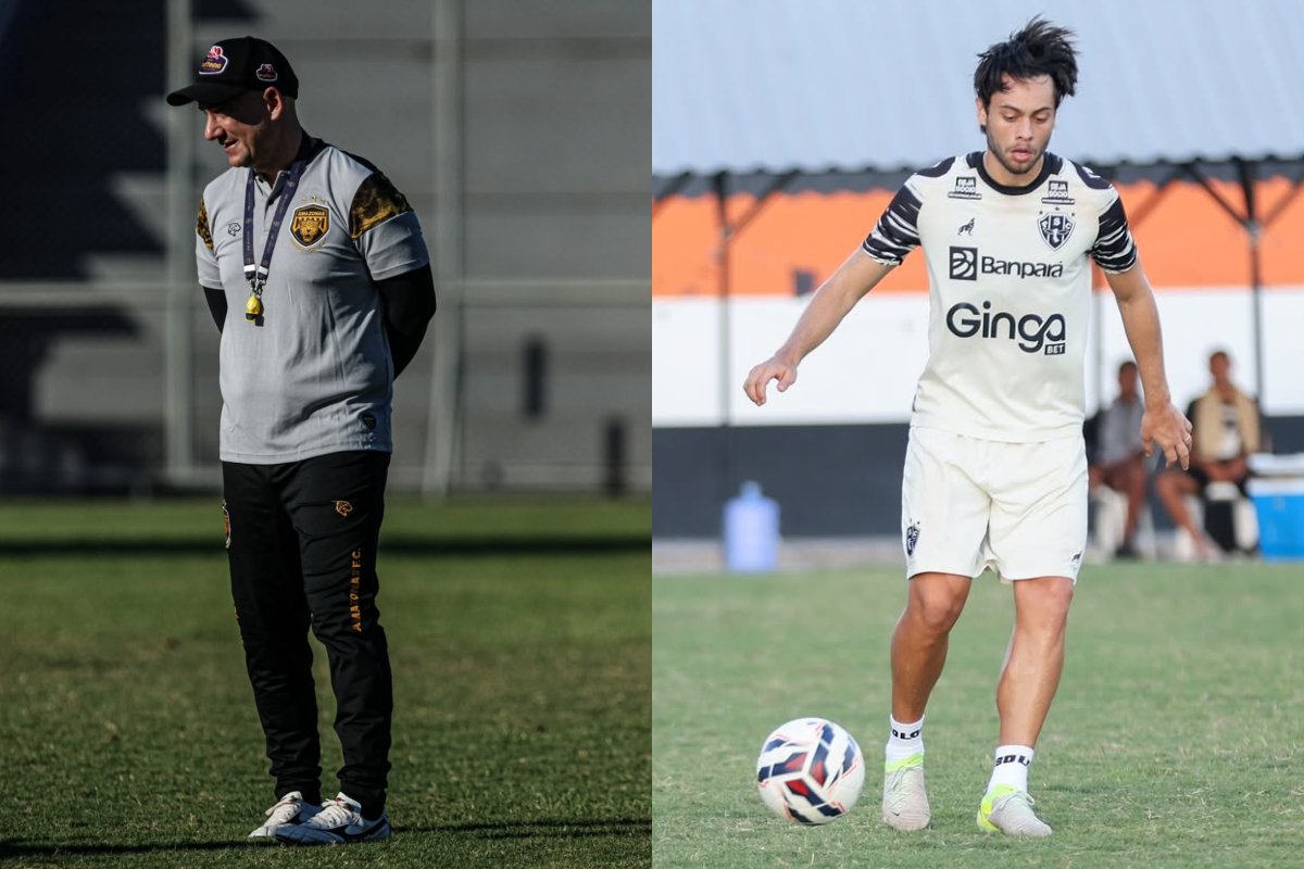 Márcio Zanardi comanda treino do Amazonas. Leandro Vilela conduz bola em treino do Paysandu (foto: Divulgação: Jorge Luís Totti / Paysandu - João Normando / Amazonas)