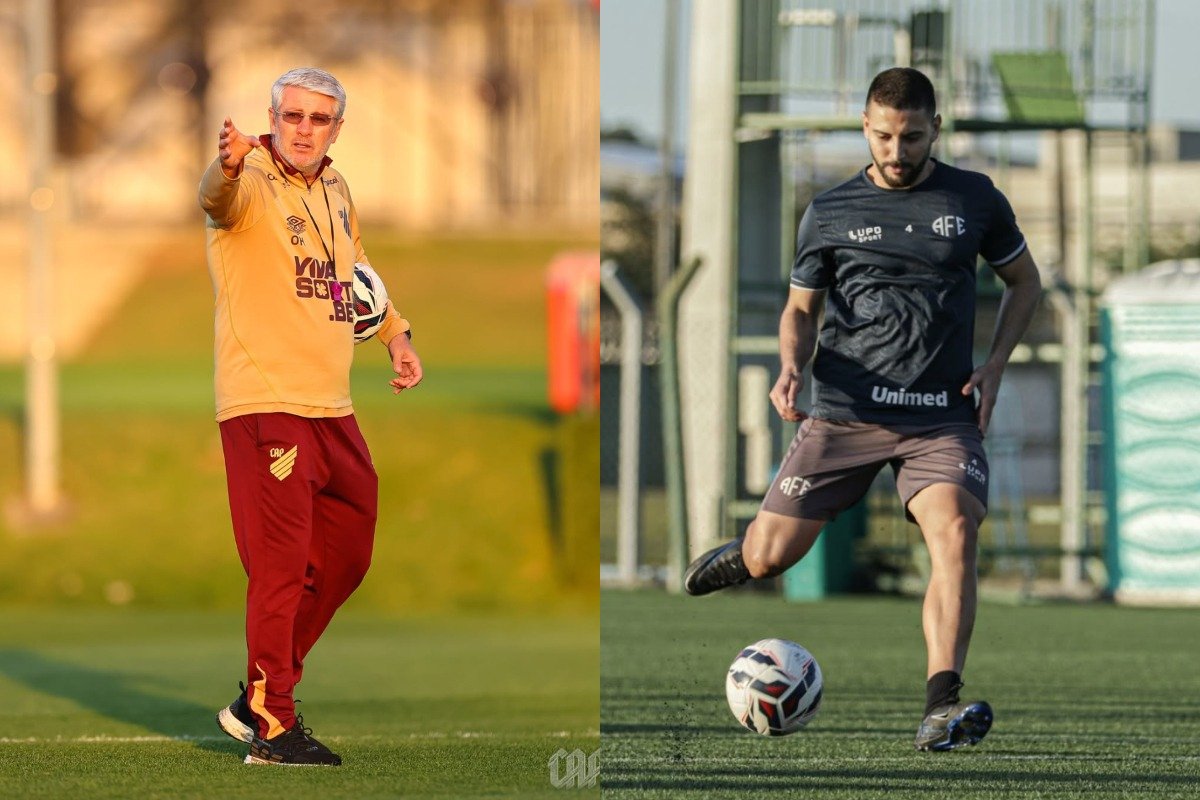 Odair Hellmann comandando treino do Athletico-PR de um lado; Juninho conduz bola em treino da Ferroviária, do outro lado (foto: Divulgação)