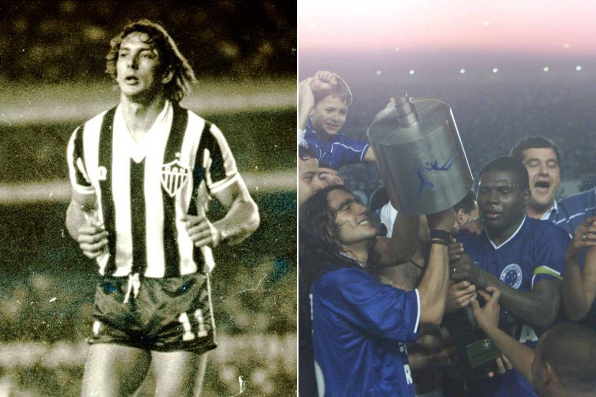 Éder Aleixo em ação pelo Atlético em 1981; Clebão com taça da Copa do Brasil pelo Cruzeiro em 2000 (foto: Jorge Gontijo e Paulo Filgueiras/Estado de Minas)