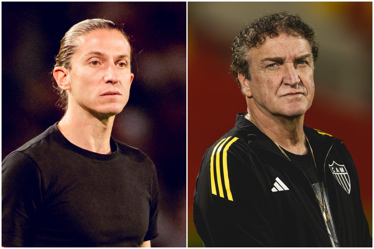 Filipe Luís e Cuca medem forças fora de campo em Flamengo x Atlético (foto: Adriano Fontes/Flamengo e Pedro Souza/Atlético)