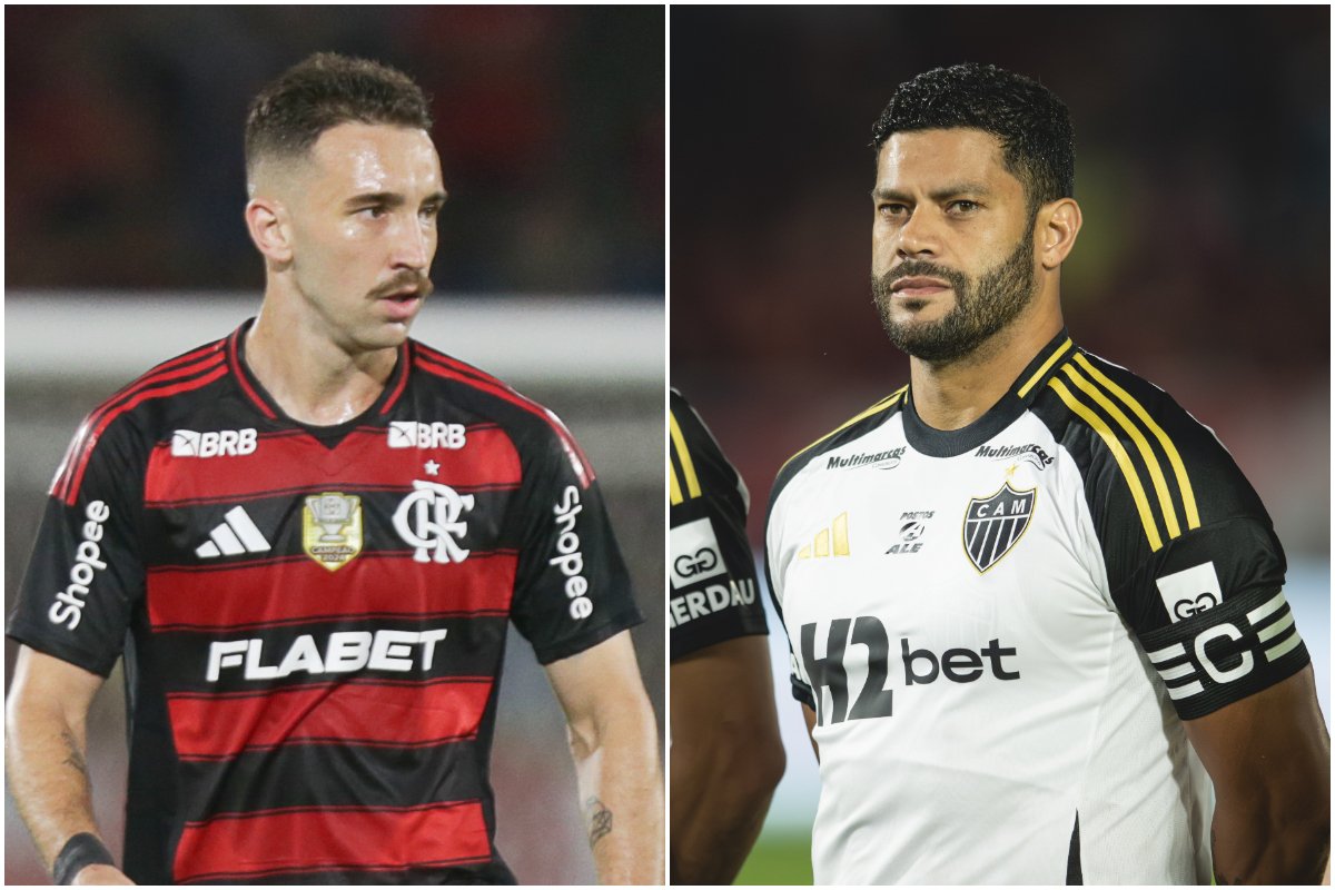 Léo Ortiz, do Flamengo, e Hulk, do Atlético (foto: Montagem com imagens de Gilvan de Souza/Flamengo e Pedro Souza/Atlético)