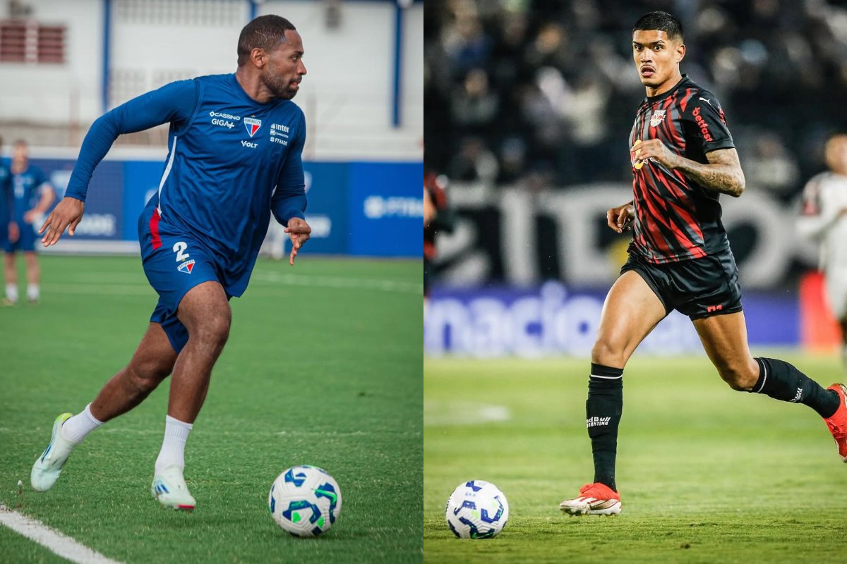 Tinga em treino do Fortaleza. Lucas Barbosa em jogo do Bragantino (foto: Mateus Lotif/Ari Ferreira)
