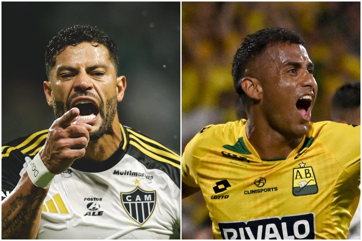 Hulk, atacante do Atlético, e Henao, zagueiro do Bucaramanga (foto: Pedro Souza/Atlético e Luis ACOSTA / AFP)