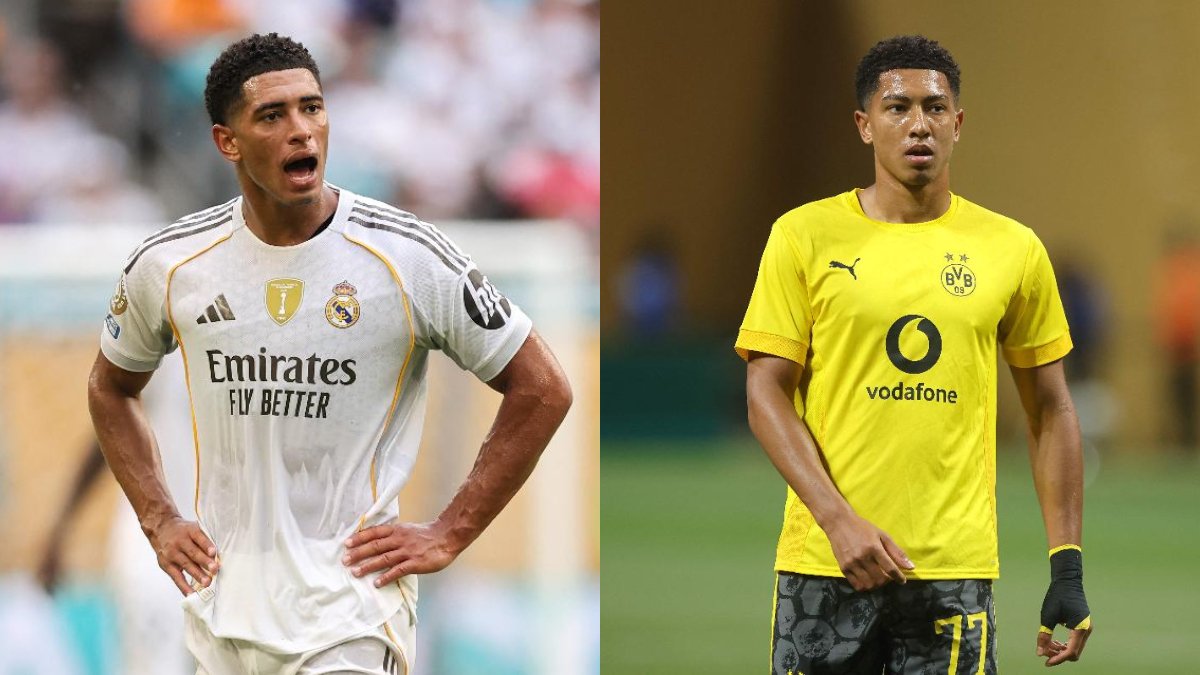 Jude Bellingham, do Real Madrid; e Jobe Bellingham, do Borussia Dortmund (foto: MICHAEL REAVES e ALEX GRIMM/AFP)