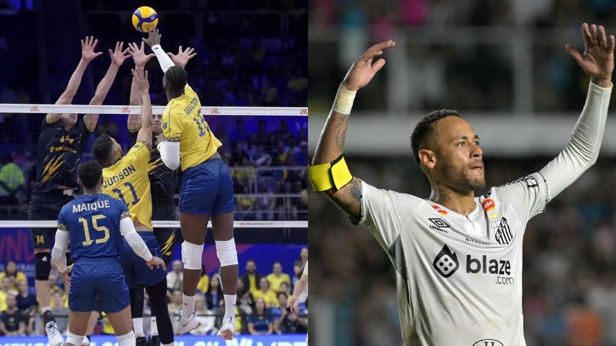 Maicon, da Seleção de vôlei, exaltou Neymar (foto: Maurício Val/CBV e NELSON ALMEIDA/AFP)