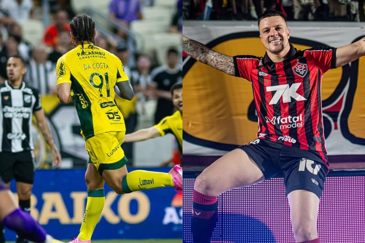 Chico da Costa comemora gol contra o Ceará. Renato Kayzer celebra gol do Vitória (foto: Divulgação/Mirassol e Vitória)