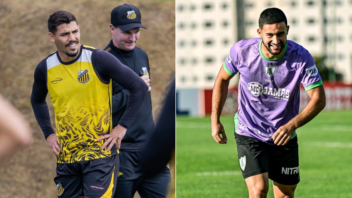 Jogadores de Novorizontino e América em treino preparatório para o confronto pela Série B (foto: Novorizontino/Divulgação e Mourão Panda/América)
