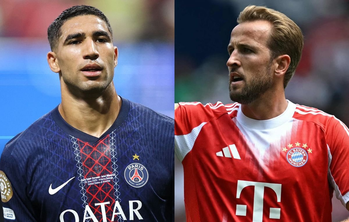 Hakimi, do PSG, e Harry Kane, do Bayern de Munique (foto: Alex Grimm/Getty Images/AFP e Paul ELLIS / AFP)