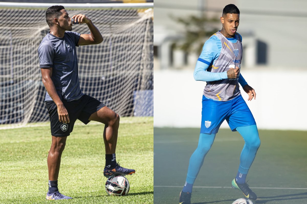 Pedro Rocha bebe água em treino do Remo. Alef Manga conduz bola em treino do Avaí (foto: Divulgação/Remo e Divulgação/Avaí)