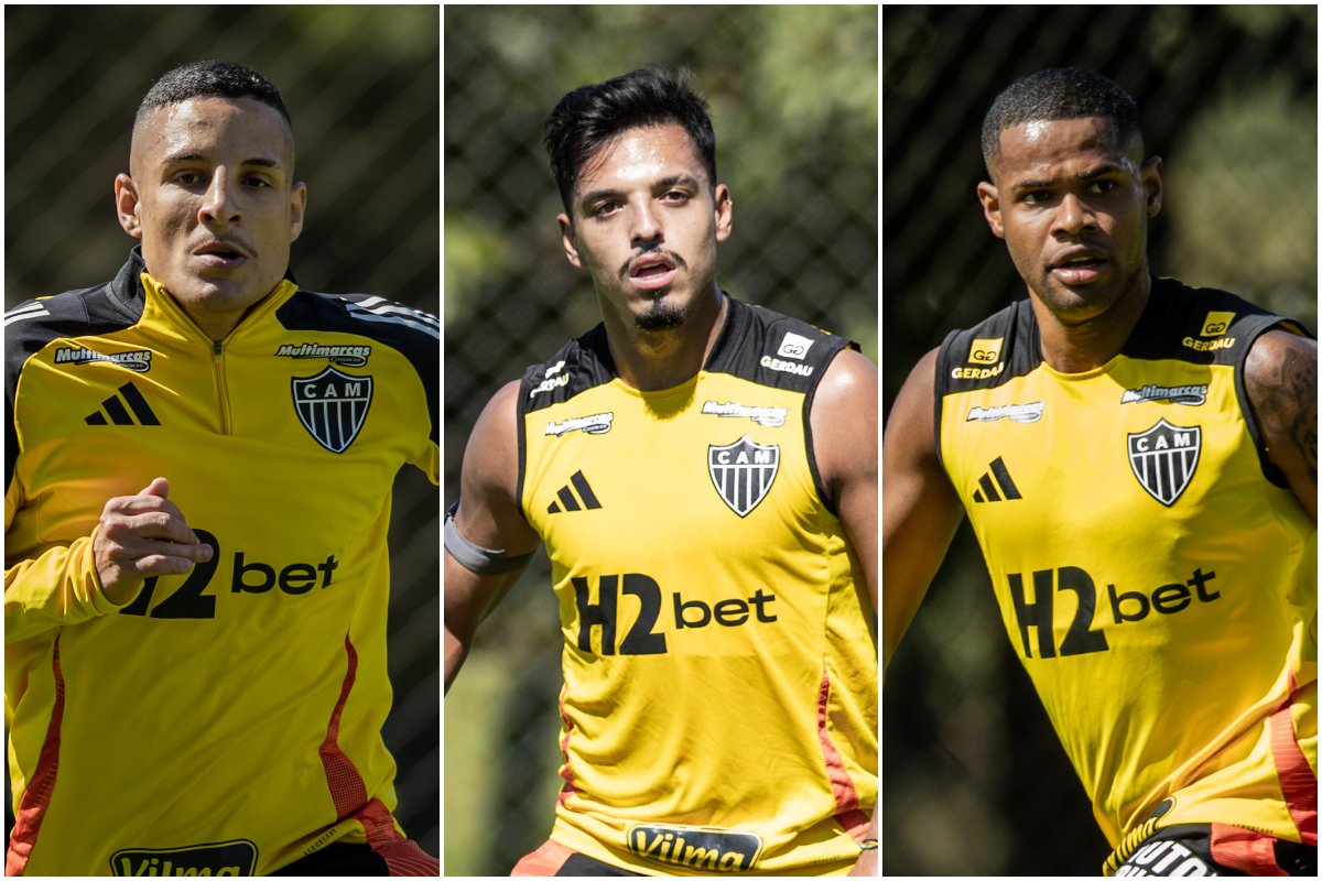 Guilherme Arana, Gabriel Menino e Júnior Santos: três dos 10 jogadores mais valiosos do elenco do Atlético, segundo o Transfermarkt (foto: Montagem com imagens de Pedro Souza/Atlético)