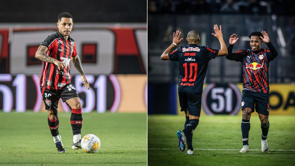 Vitória e Bragantino se enfrentam neste domingo (20/7) (foto: Victor Ferreira/Vitória e Ari Ferreira/Red Bull Bragantino)