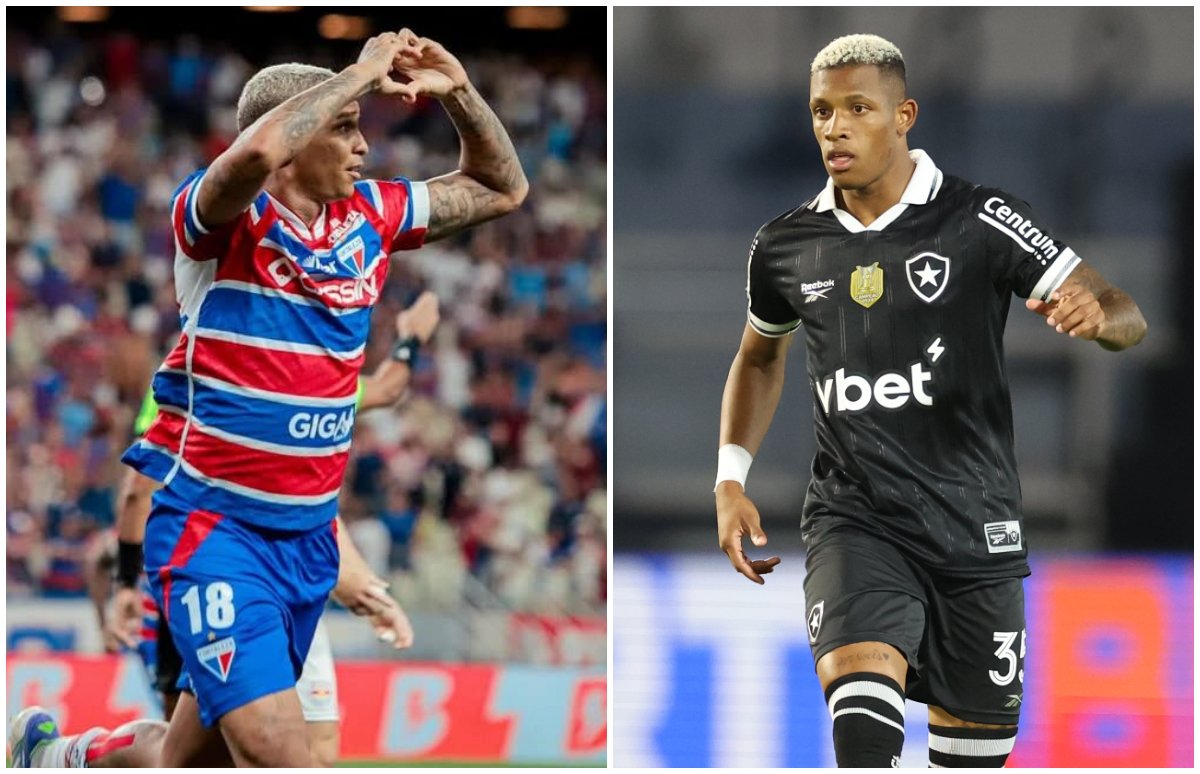 Jogar do Fortaleza em comemoração de gol e jogador do Botafogo durante uma partida (foto: Mateus Lotif/FEC e Vítor Silva/Botafogo)