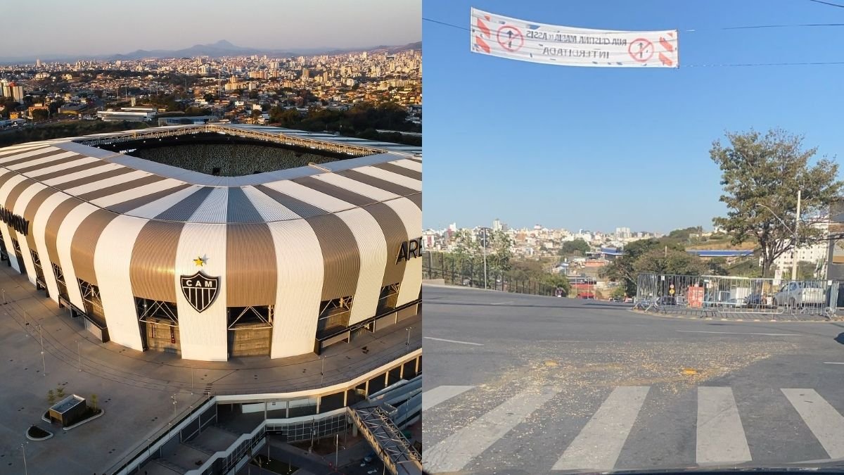 Entorno da Arena MRV amanheceu coberto de milho (foto: Pedro Souza / Atlético e Reprodução / Redes Sociais)