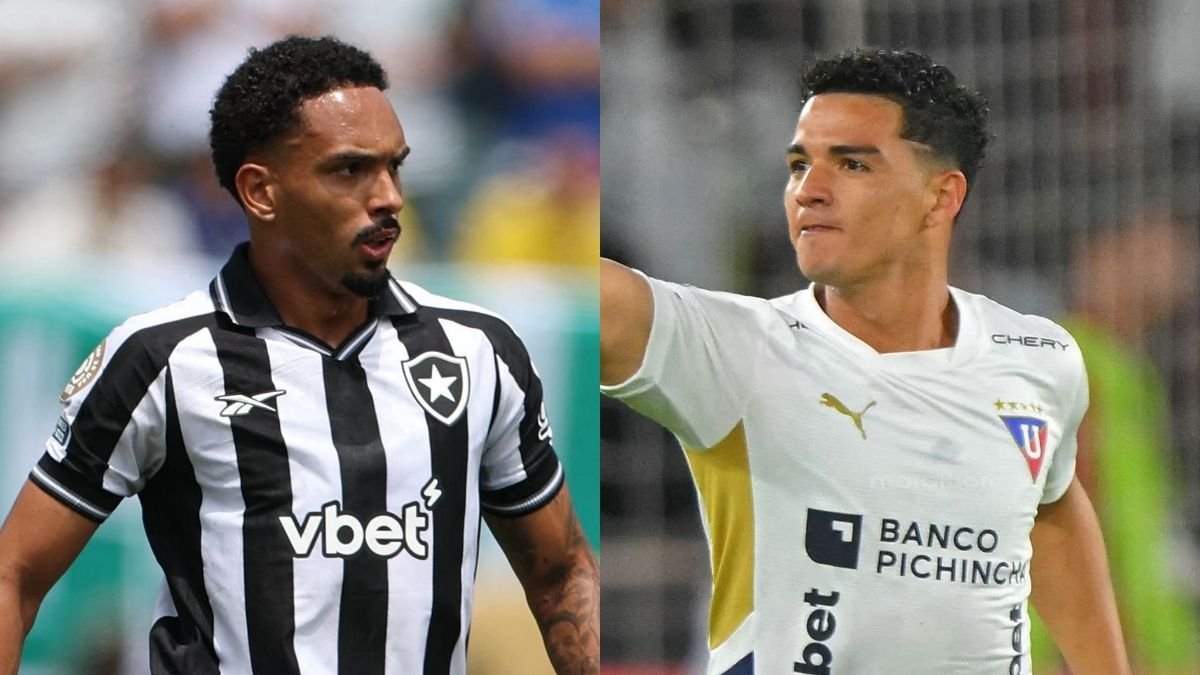 Vitinho, do Botafogo, e Alvarado, da LDU (foto: Francois Nel/Getty Images/AFP e Rodrigo BUENDIA / AFP)