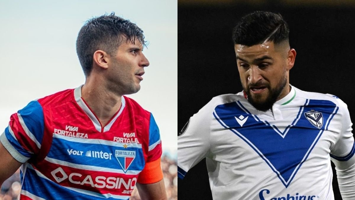 Kuscevic, do Fortaleza, e Elías Gomez, do Velez (foto: Mateus Lotif/Fortaleza e Eitan ABRAMOVICH / AFP)