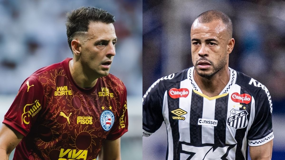 Santiago Arias, do Bahia, e Mayke, do Santos (foto: Letícia Martins/EC Bahia e Raul Baretta/ Santos FC)