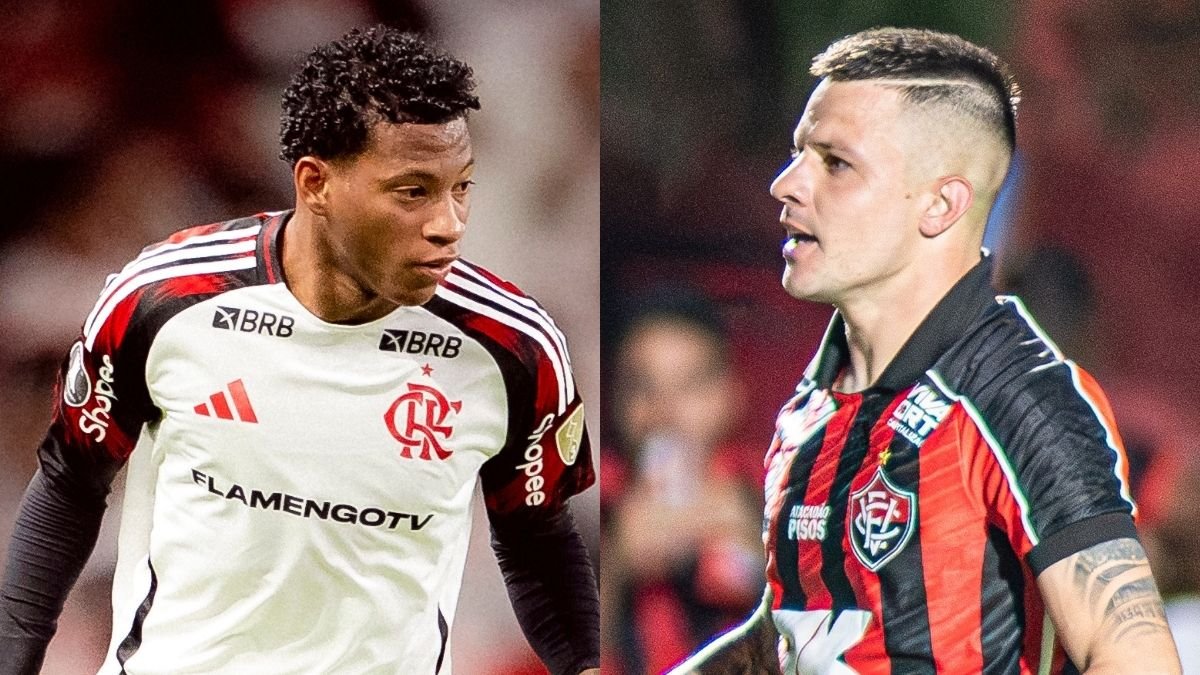 Gonzalo Plata, do Flamengo, e Renato Kayzer, do Vitória (foto: Adriano Fontes/Flamengo e Victor Ferreira/Vitória)