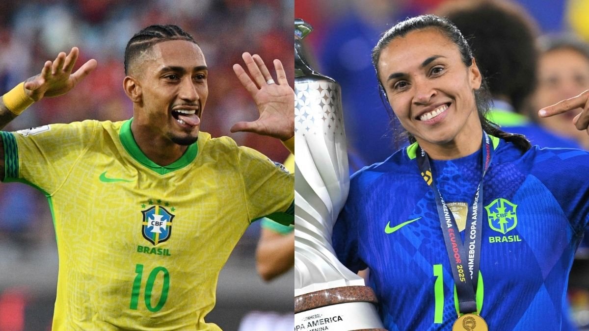 Raphinha e Marta representam a Seleção Brasileira (foto: Federico Parra / AFP e Rodrigo BUENDIA / AFP)