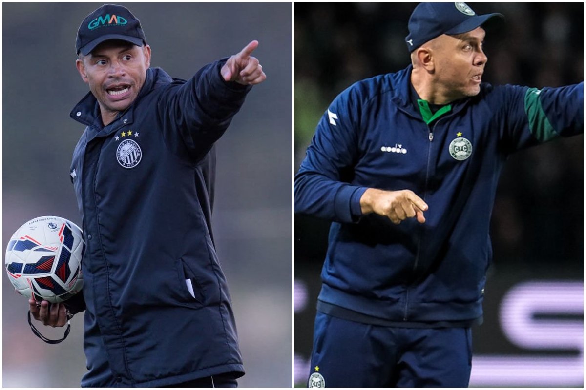 Técnicos ao gesticular com as mãos (foto: Victória Sellares/OFEC e, JP Pacheco e Gustavo Oliveira/Coritiba)